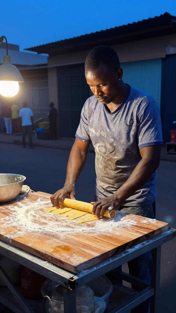 Busy Accra Street Food Vendor Cooking Fresh Pasta in Evening Blue Light in in Accra, Ghana
