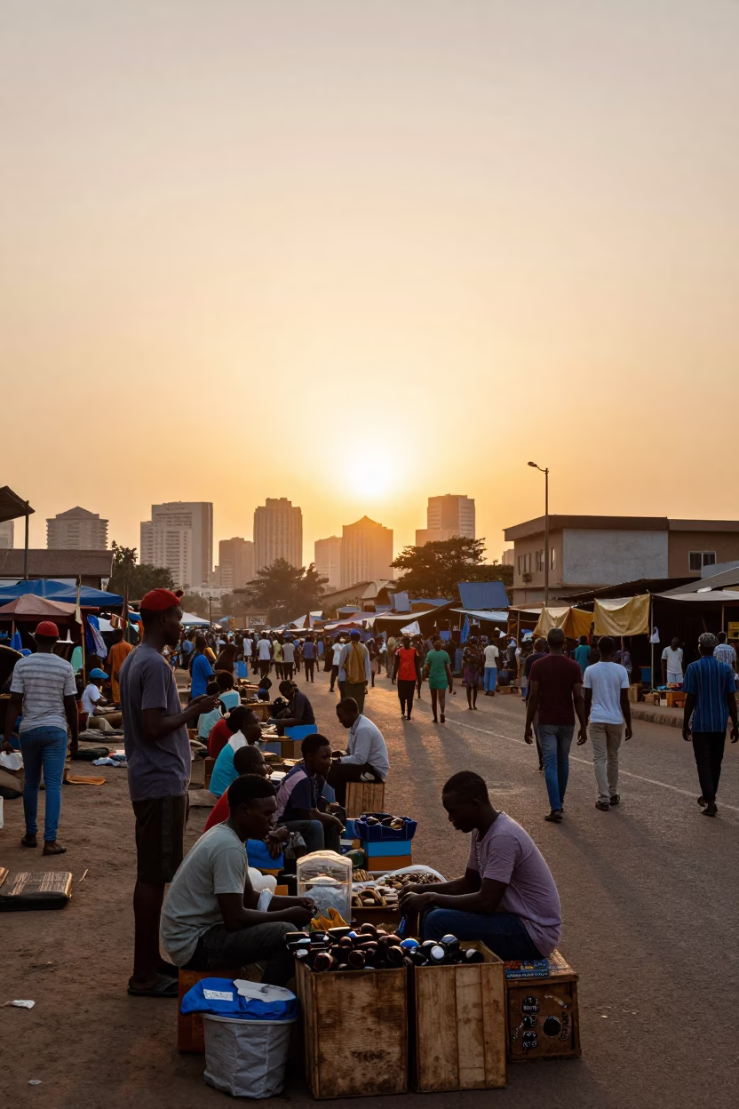 Busy Accra Street Market Scene at Sunset with Vendors and Pedestrians in in Accra, Ghana