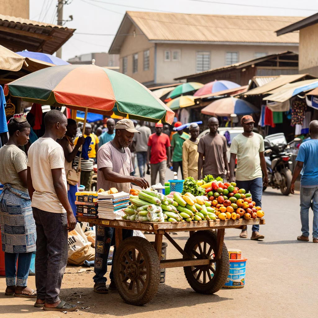 Busy Accra Street Market Scene with Vendor Selling Goods in Early Afternoon Light in in Accra, Ghana
