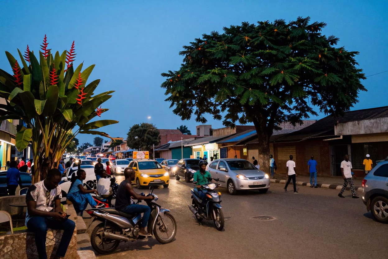 Busy Accra Street Scene at Blue Hour with Heliconia and Tamarind Tree in in Accra, Ghana