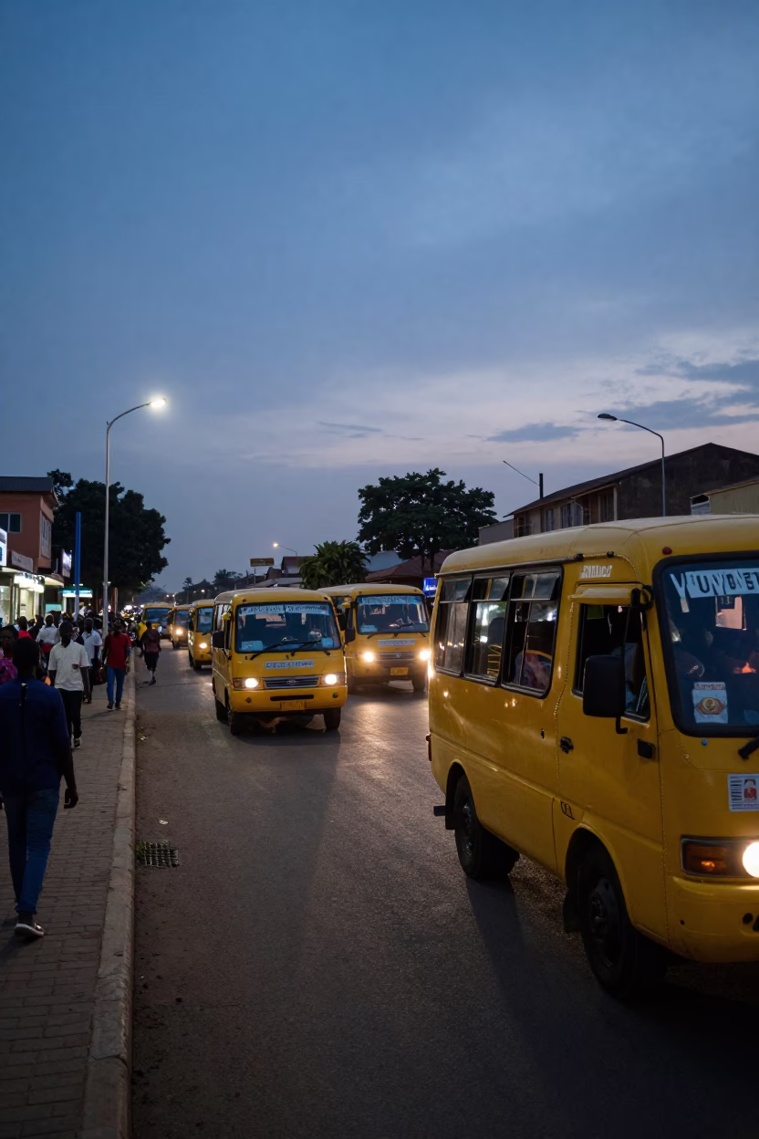 Busy Accra Street Scene at Dawn with Yellow Commercial Buses and Local Market Activity in in Accra, Ghana