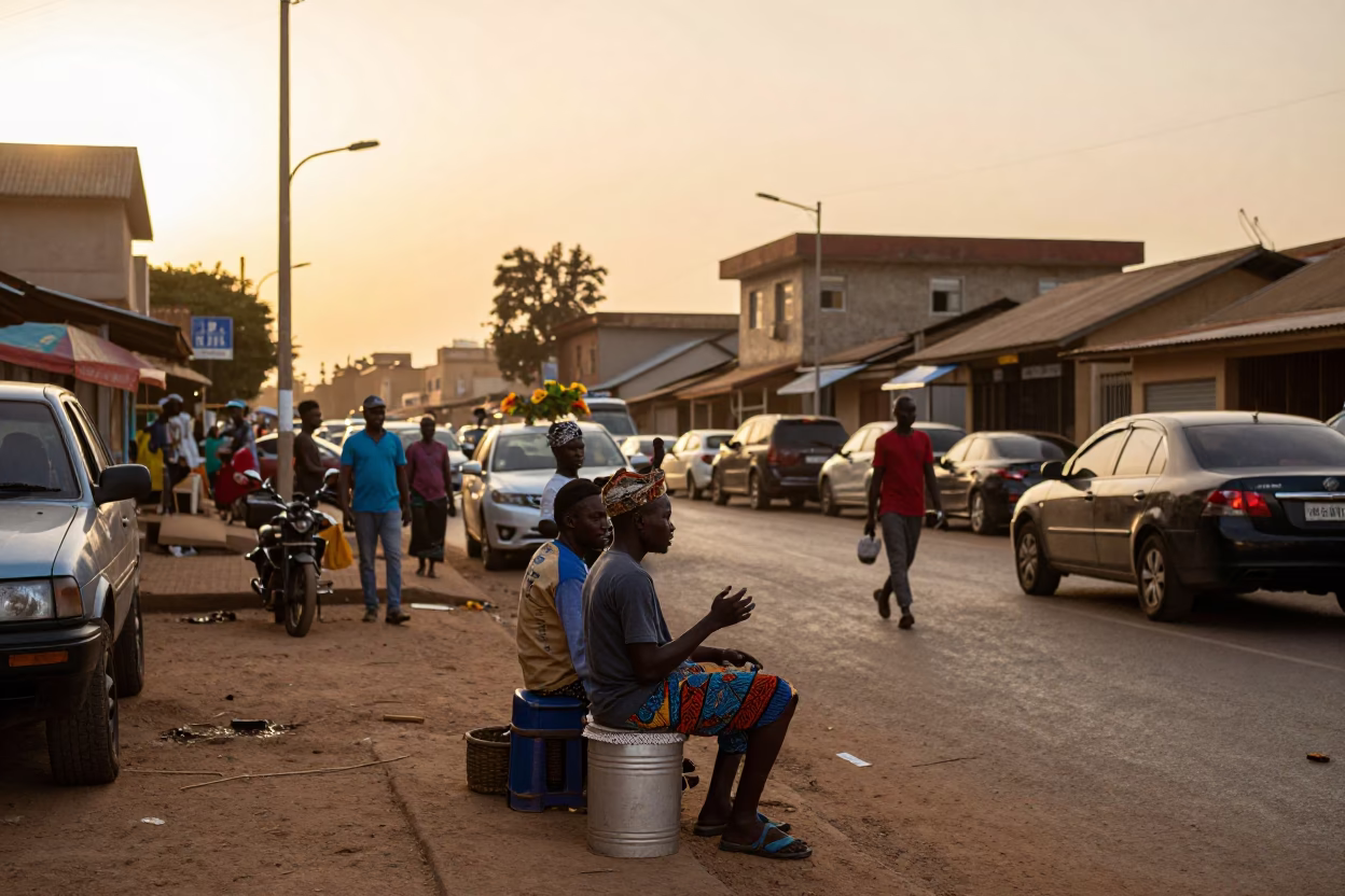 Busy Accra Street Scene at Golden Hour with Vendor and Local Life in in Accra, Ghana
