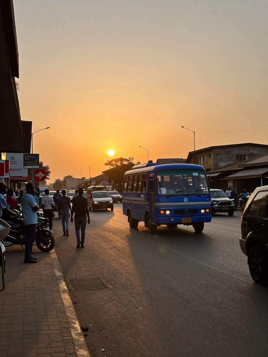 Busy Accra Street Scene at Sunset with Minibus and Local Commerce in in Accra, Ghana