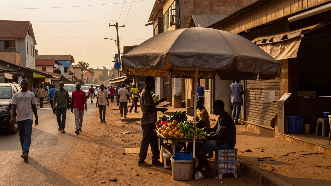 Busy Accra Street Scene at Sunset with Umbrella Stand and Local Life in in Accra, Ghana