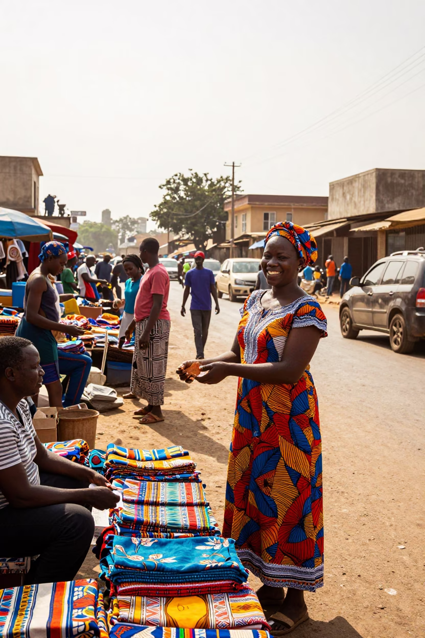 Busy Accra Street Scene Early Afternoon with Local Market Activity and Garden Rake in in Accra, Ghana