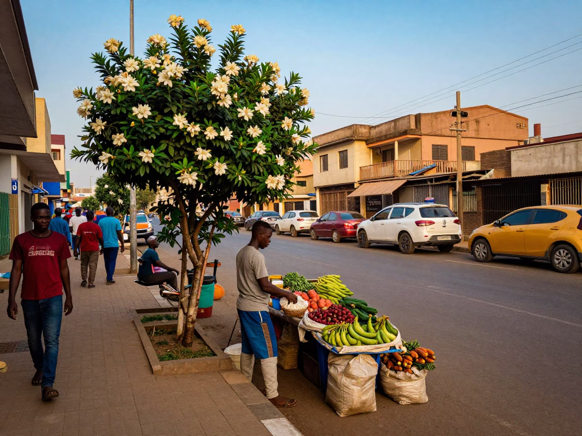 Busy Accra Street Scene Early Evening with Local Vendors and Gardenia Bush in in Accra, Ghana