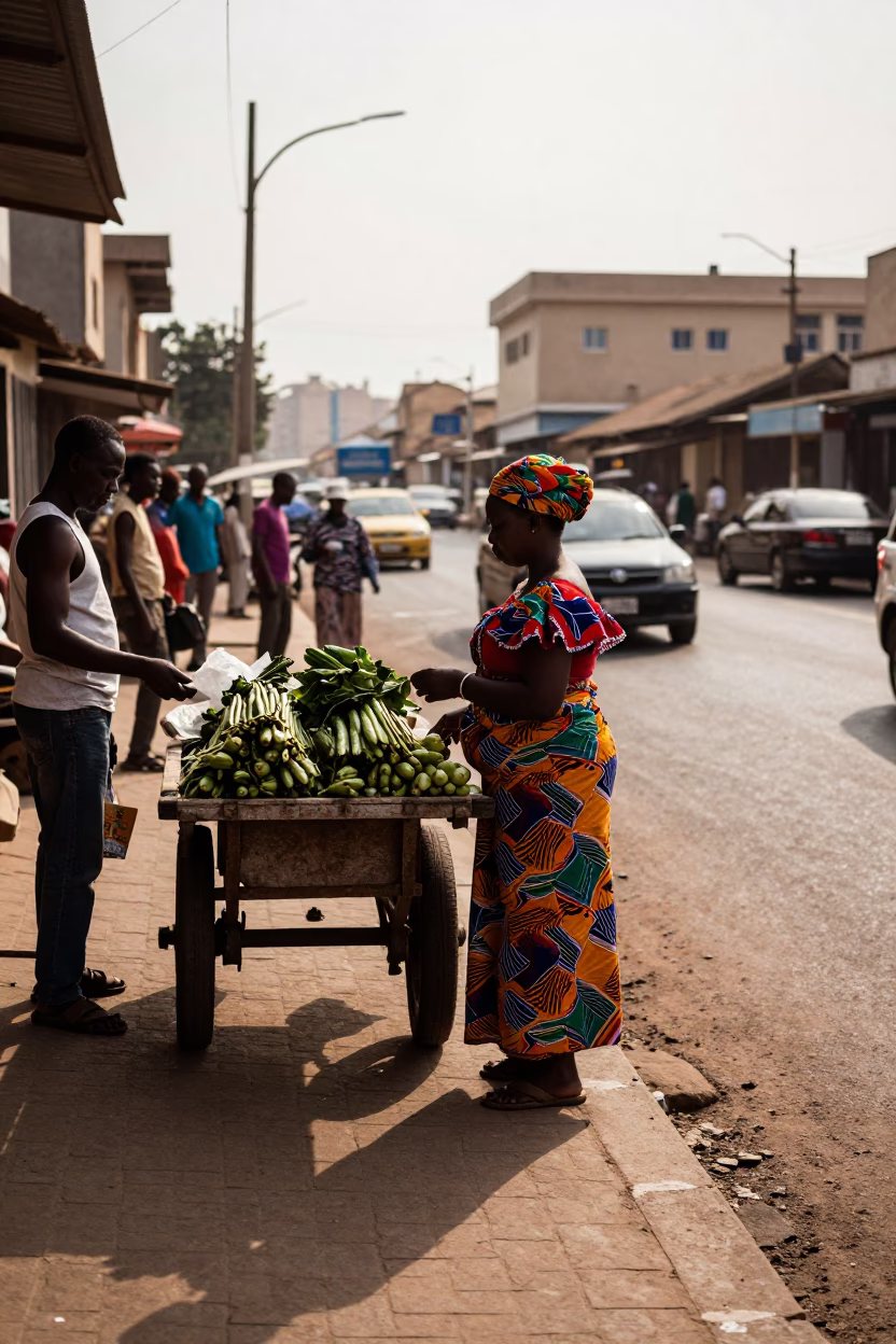 Busy Accra Street Scene Late Afternoon with Vendor and Local Interactions in in Accra, Ghana