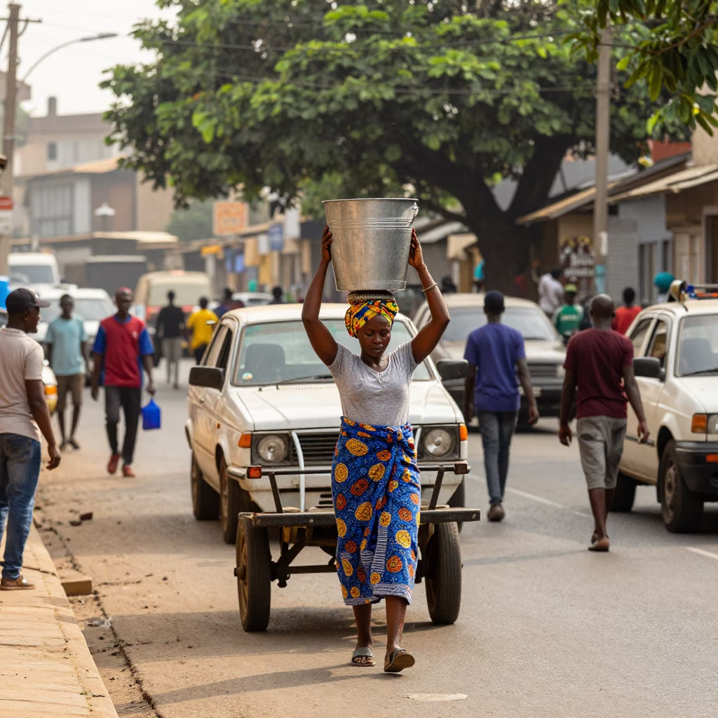 Busy Accra Street Scene Late Morning with Metal Bucket and Trolley in Ghana in in Accra, Ghana