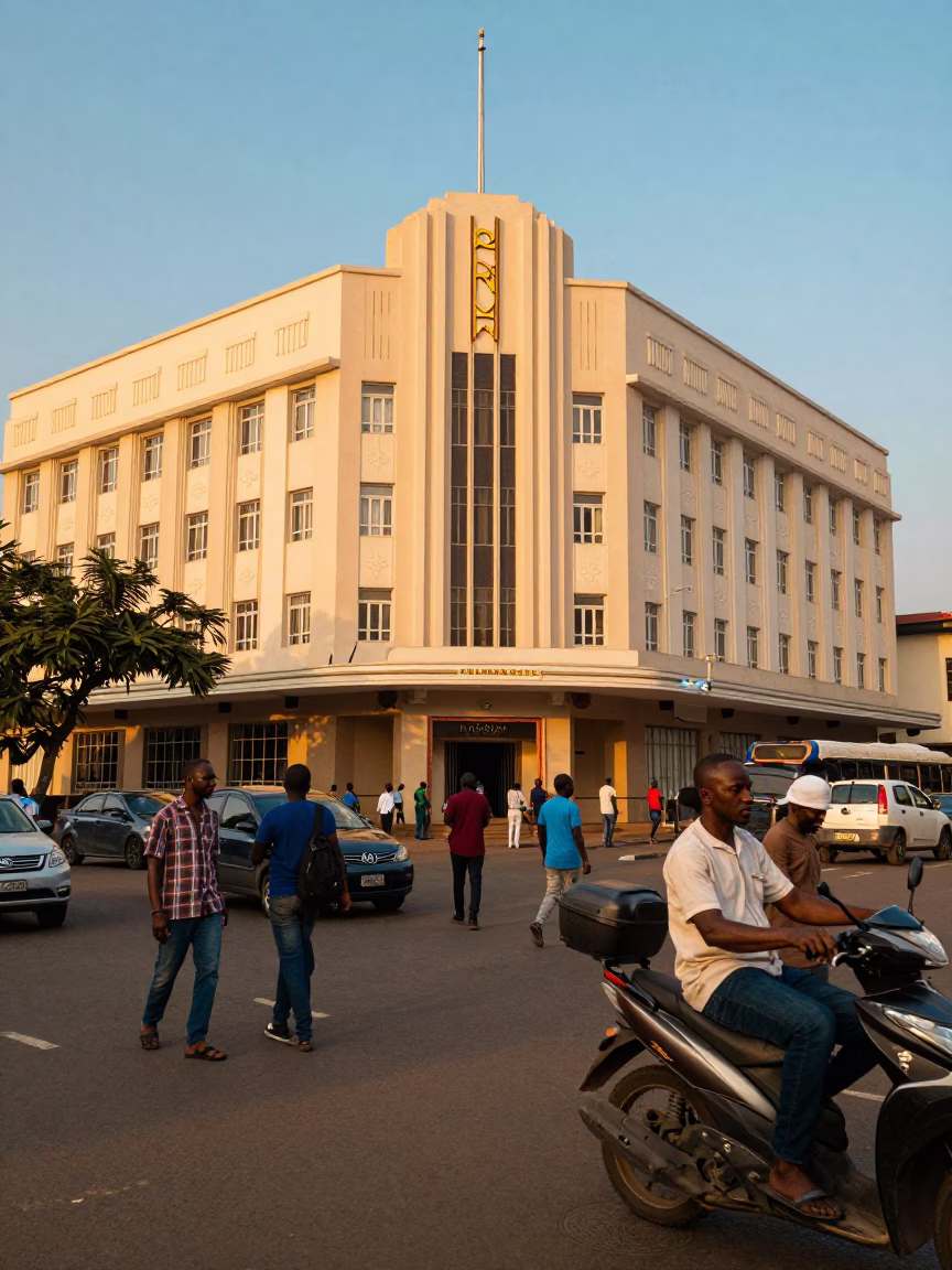 Busy Accra Street Scene with Art Deco Hotel Facade in Evening Light in in Accra, Ghana