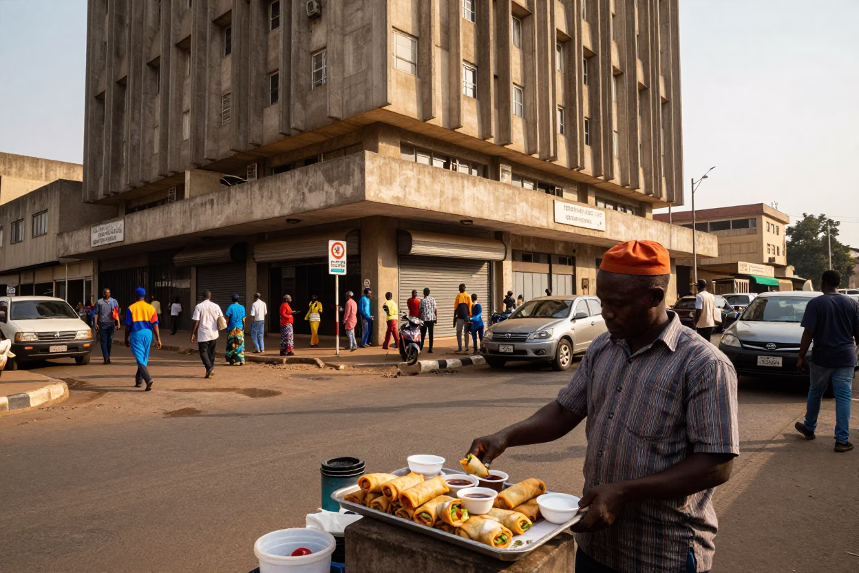 Busy Accra Street Scene with Concrete Brutalist Building and Local Food Vendor in in Accra, Ghana