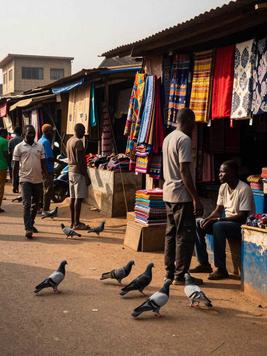 Busy Accra Street Scene with Pigeons and Local Market Activity in Early Afternoon in in Accra, Ghana