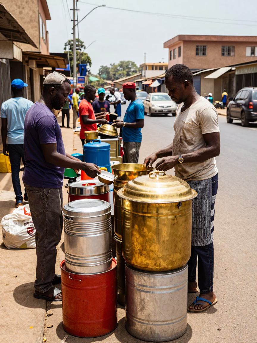 Busy Accra Street Scene with Tiffin Tin and Brass Pots in Midday Sun in in Accra, Ghana