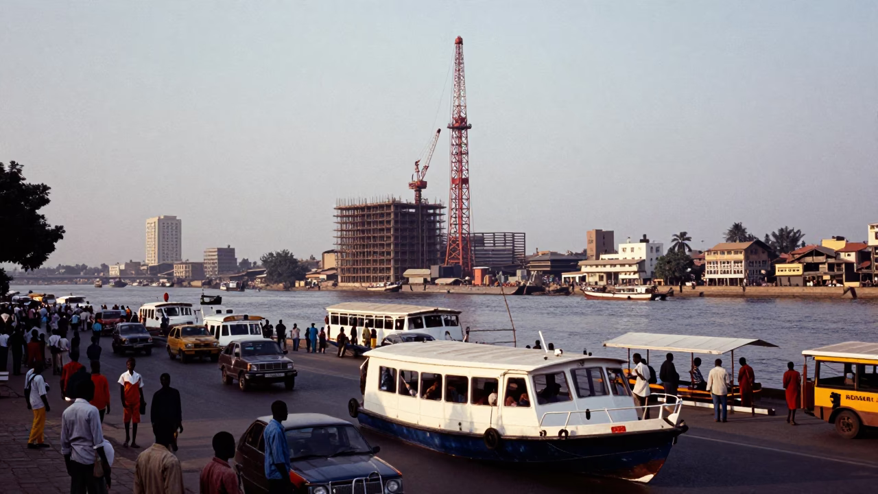 Busy Accra Street Scene with Water Taxi and Construction in Early Evening Ghana in in Accra, Ghana