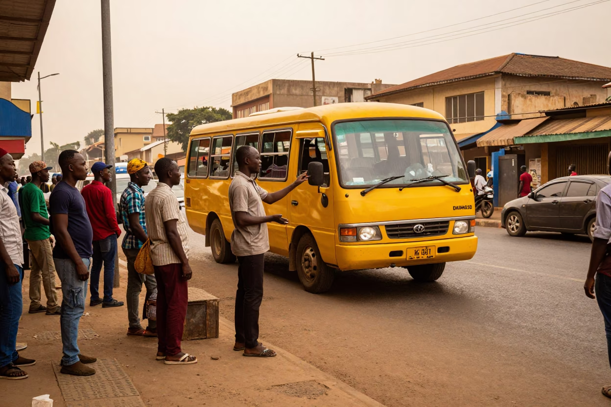 Busy Accra Street Scene with Yellow Danfo Bus and Pedestrians in Golden Evening Light in in Accra, Ghana