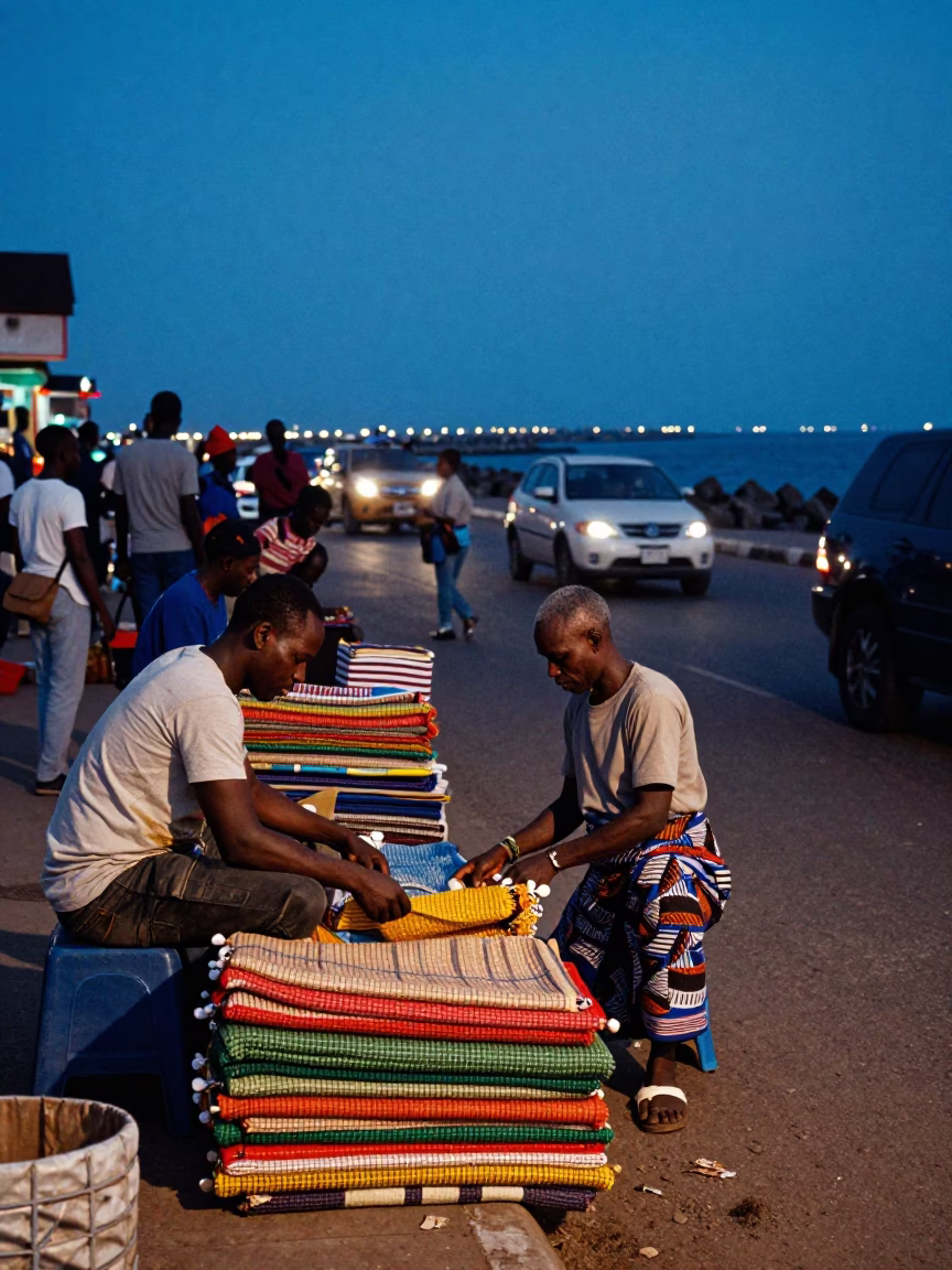 Busy Accra Street Vendor Evening with Woven Mats and Blue Hour Sky in in Accra, Ghana