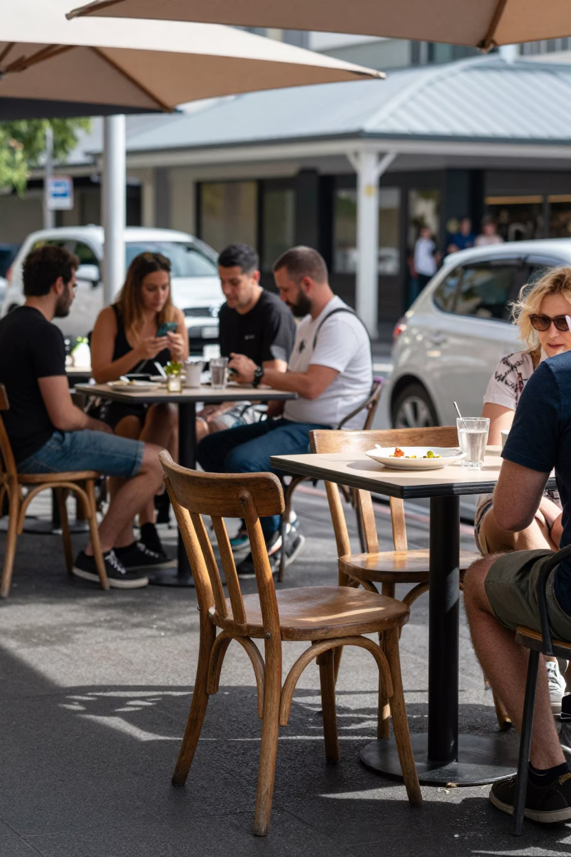 Busy Adelaide Cafe Terrace Morning with Chair and Plate of Moussaka in in Adelaide, South Australia, Australia