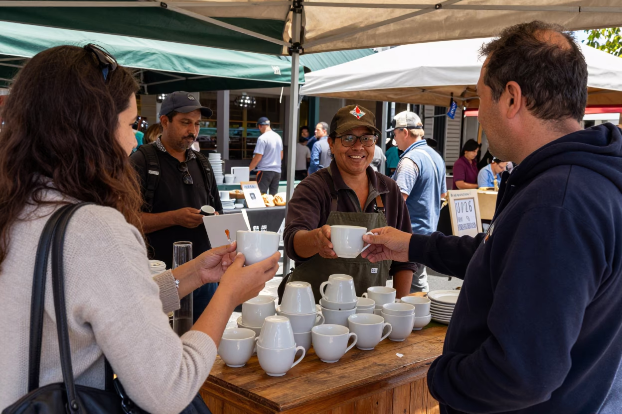 Busy Adelaide Market Stall Midday with Teacups and Local Interaction in in Adelaide, South Australia, Australia