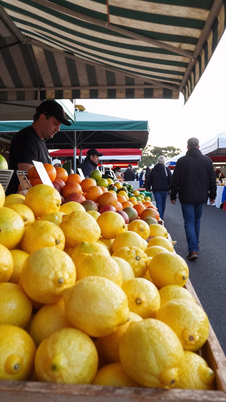 Busy Adelaide Morning Market Stall with Fresh Citrus and Local Produce in in Adelaide, South Australia, Australia