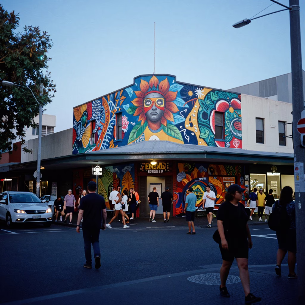 Busy Adelaide South Australia Evening Street Scene with Colorful Mural and Local Interaction in in Adelaide, South Australia, Australia