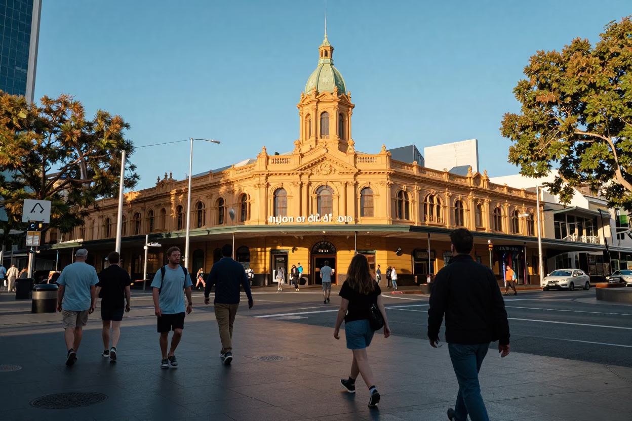 Busy Adelaide South Australia late afternoon street scene with locals and urban details in in Adelaide, South Australia, Australia