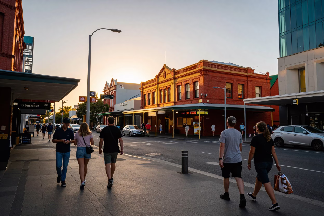 Busy Adelaide South Australia street scene at sunset with local food and architecture in in Adelaide, South Australia, Australia