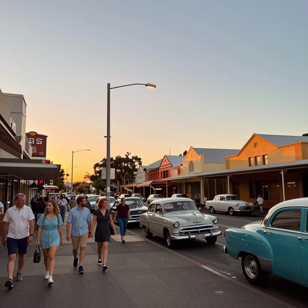 Busy Adelaide South Australia Street Scene at Sunset with Vintage 1950s Atmosphere in in Adelaide, South Australia, Australia