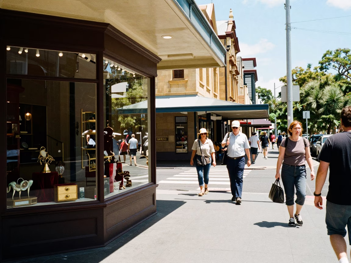 Busy Adelaide South Australia street scene midmorning with vintage shop displays and local commerce in in Adelaide, South Australia, Australia
