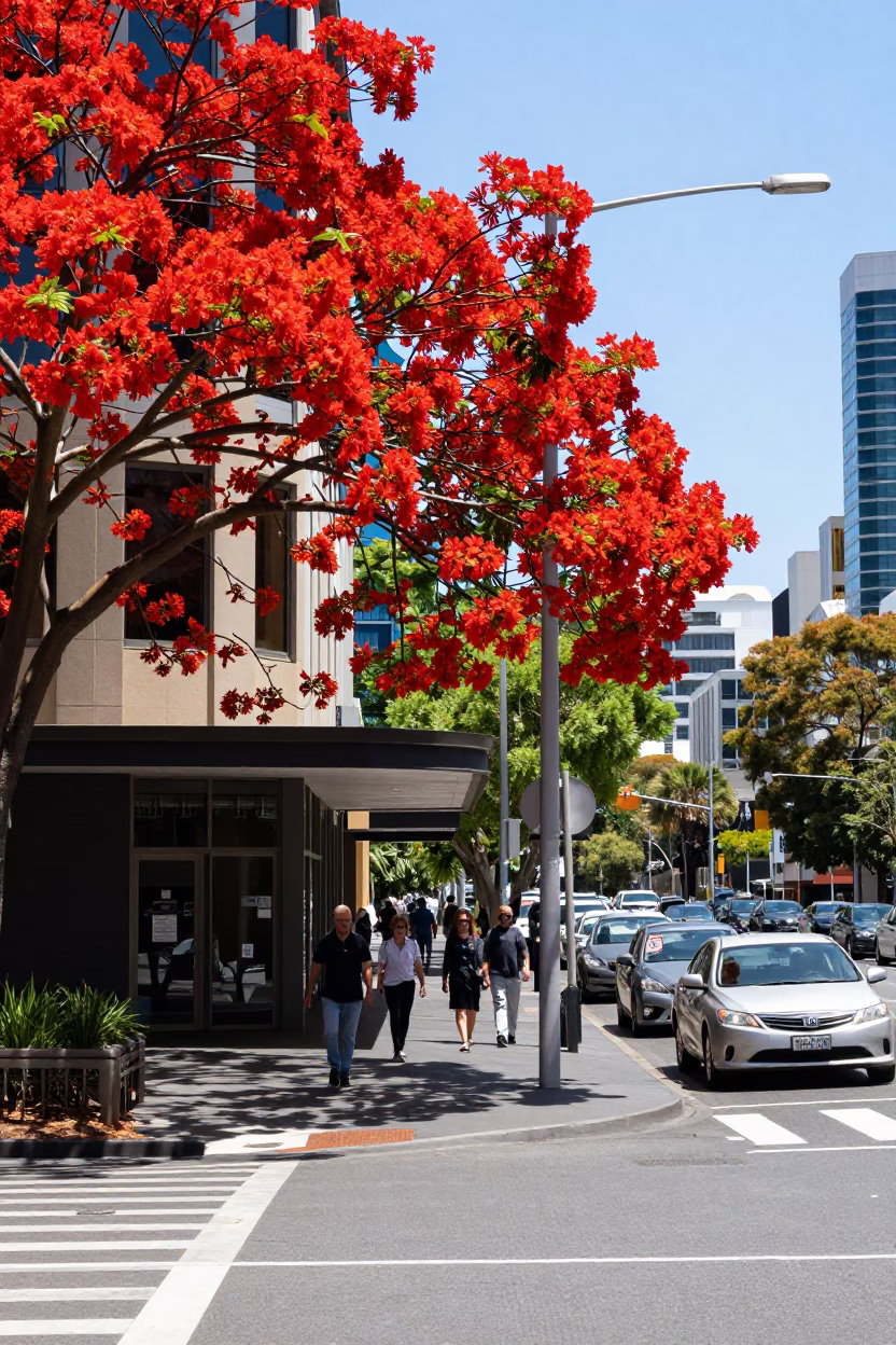 Busy Adelaide South Australia Street Scene with Red Flame Tree Bloom at Midday in in Adelaide, South Australia, Australia