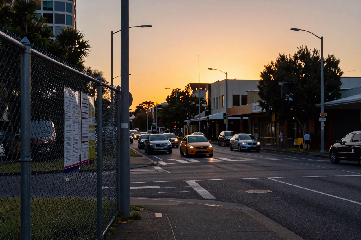 Busy Adelaide South Australia Sunset Street Scene with Substation Fence and Urban Elements in in Adelaide, South Australia, Australia