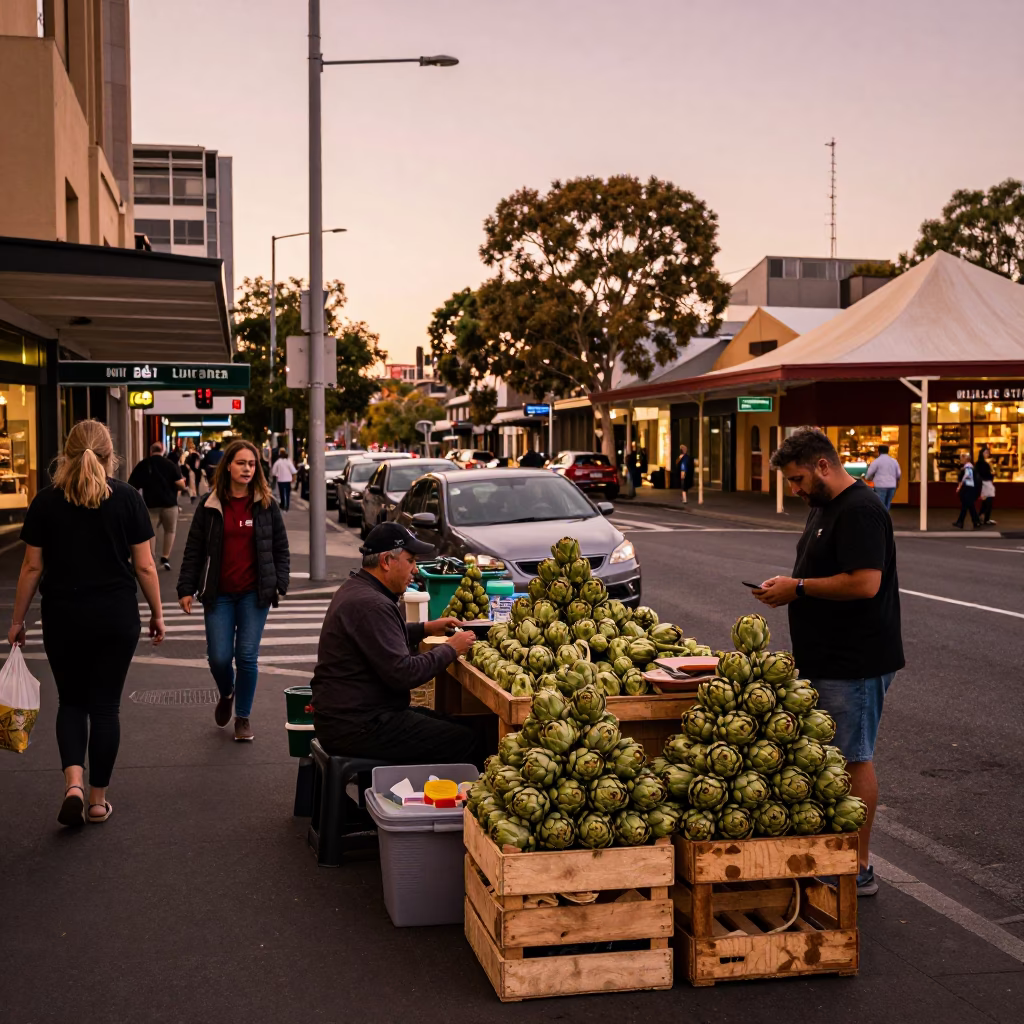 Busy Adelaide Street Corner at Dusk with Artichokes and Ceramic Cup in in Adelaide, South Australia, Australia