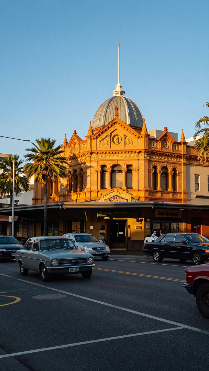 Busy Adelaide Street Corner at Golden Hour with Vintage Cars and Palm Trees in in Adelaide, South Australia, Australia