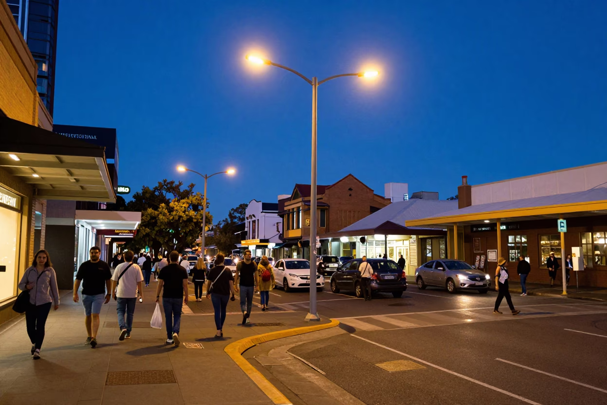 Busy Adelaide Street Corner at Indigo Twilight with Local Pedestrians and Vintage Details in in Adelaide, South Australia, Australia