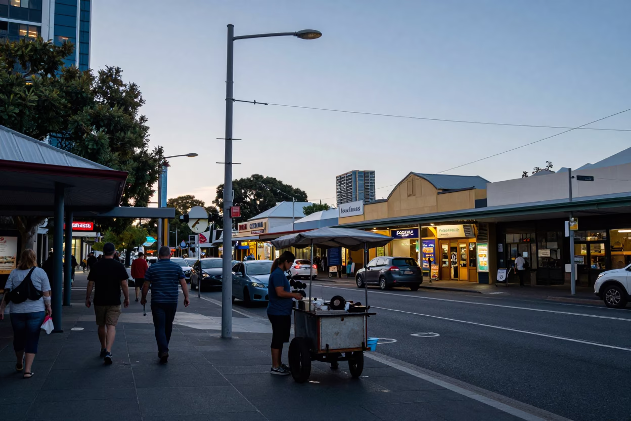 Busy Adelaide Street Corner at Nautical Dawn with Local Commerce and Morning Commuters in in Adelaide, South Australia, Australia