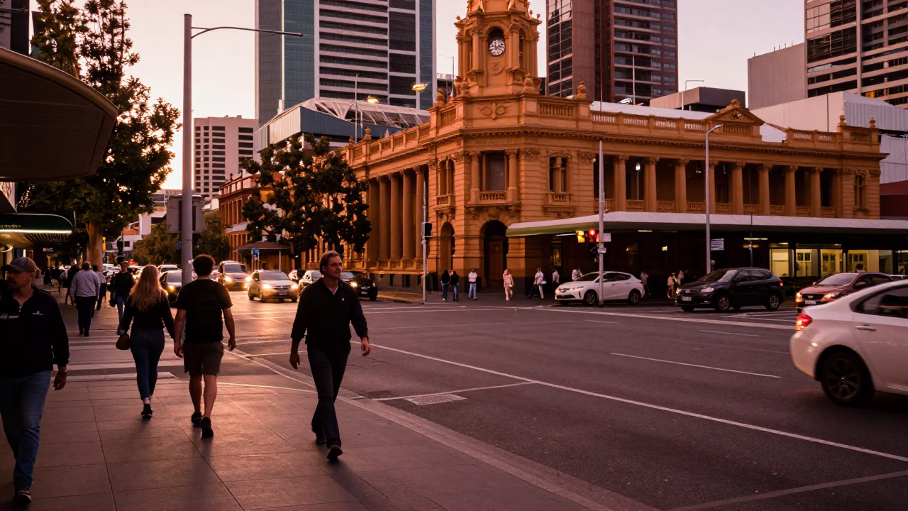 Busy Adelaide Street Corner in Copper Dusk Light with Vintage 1970s Atmosphere in in Adelaide, South Australia, Australia