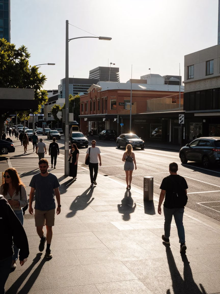 Busy Adelaide Street Corner in Early Afternoon Sunlight with Pedestrians and Urban Activity in in Adelaide, South Australia, Australia