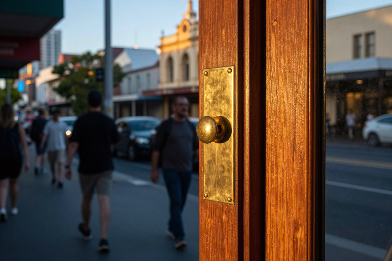 Busy Adelaide Street Corner in Early Evening with Brass Hardware and Lantern in in Adelaide, South Australia, Australia