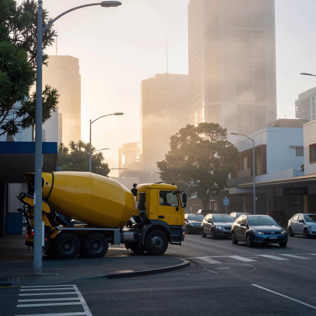 Busy Adelaide Street Corner in Early Morning Light with Construction and Traffic in in Adelaide, South Australia, Australia