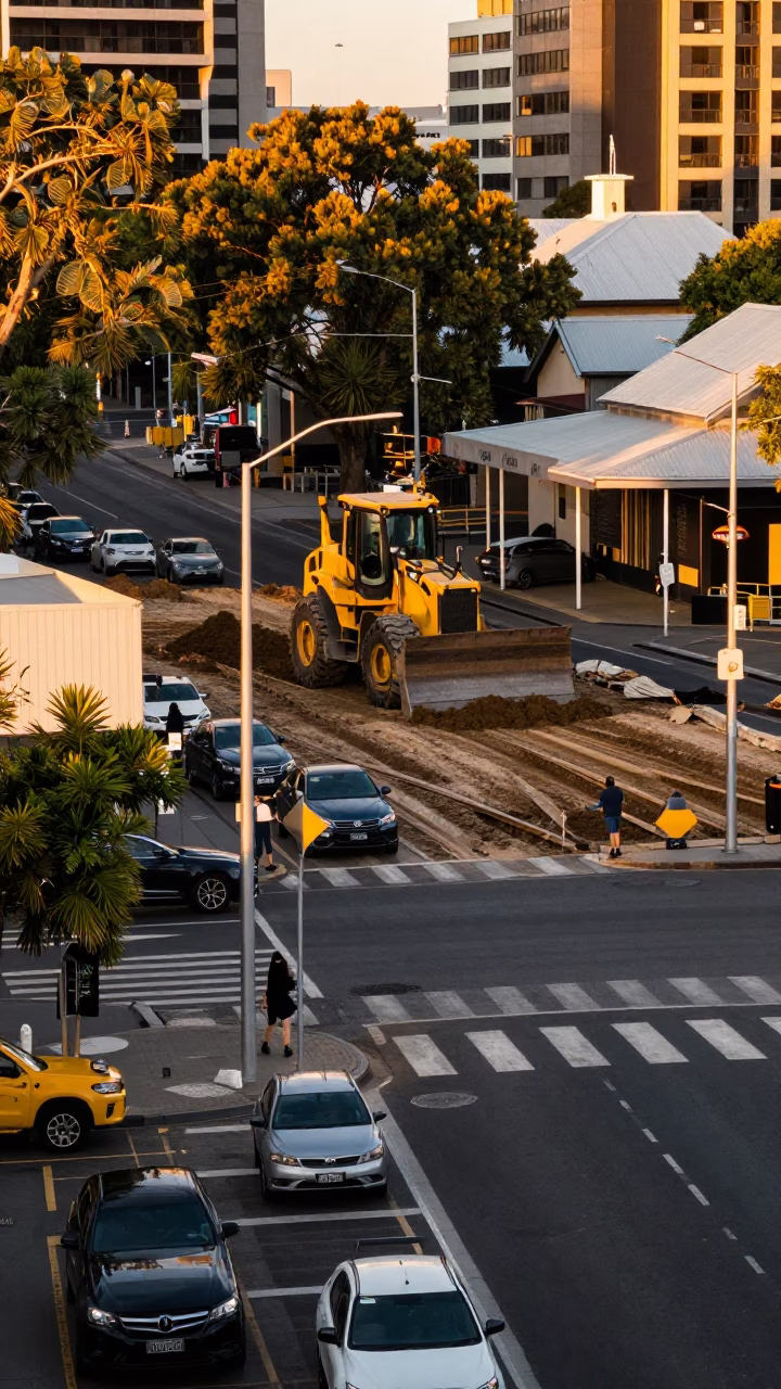 Busy Adelaide Street Corner in Honeyed Evening Light with Construction and Local Life in in Adelaide, South Australia, Australia