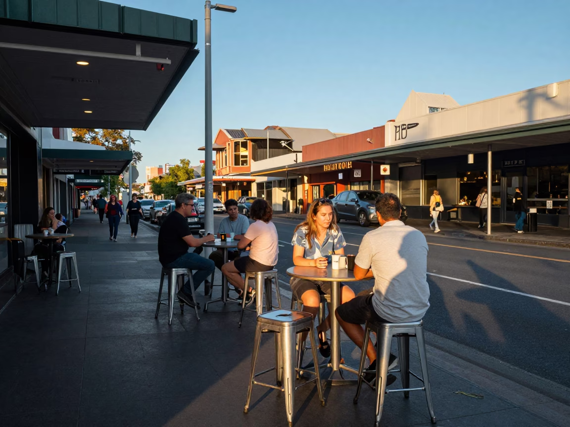 Busy Adelaide Street Corner Late Afternoon Light with Metal Stools and Local Interaction in in Adelaide, South Australia, Australia