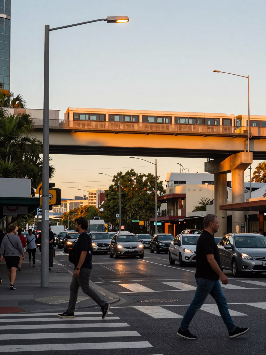 Busy Adelaide Street Corner Late Afternoon with Highway Flyover and Urban Activity in in Adelaide, South Australia, Australia