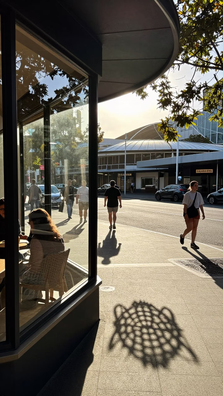 Busy Adelaide Street Corner Late Morning with Wicker Shadow on Window Glass in in Adelaide, South Australia, Australia