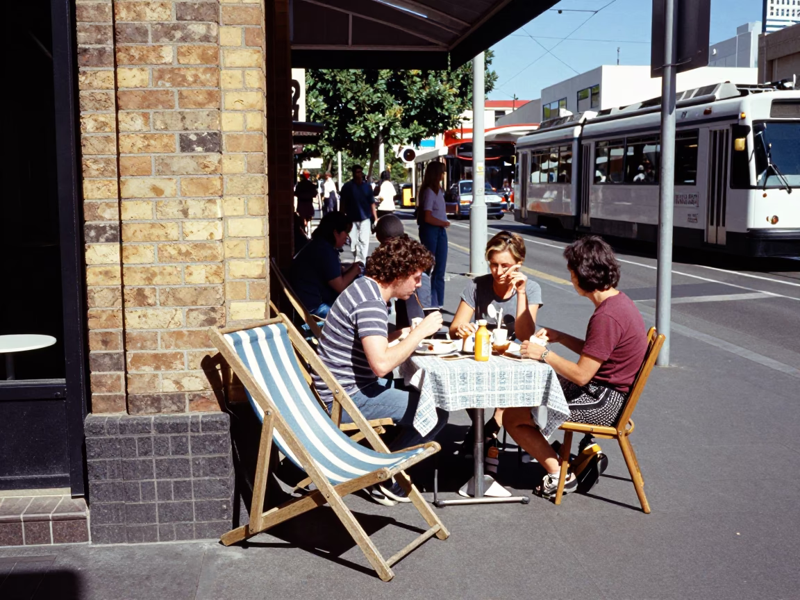 Busy Adelaide Street Corner Lunch Break Under Flat Noon Glare with Deck Chair in in Adelaide, South Australia, Australia