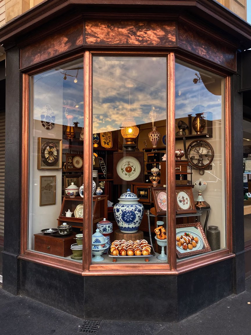 Busy Adelaide Street Corner Shop Window Display in Copper Toned Light Before Dusk in in Adelaide, South Australia, Australia