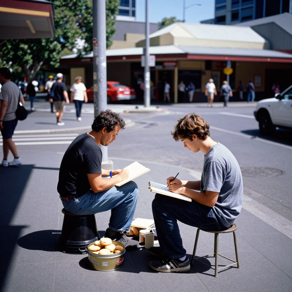Busy Adelaide Street Corner with Biscuit Tin and Sketchbook at Midday in in Adelaide, South Australia, Australia