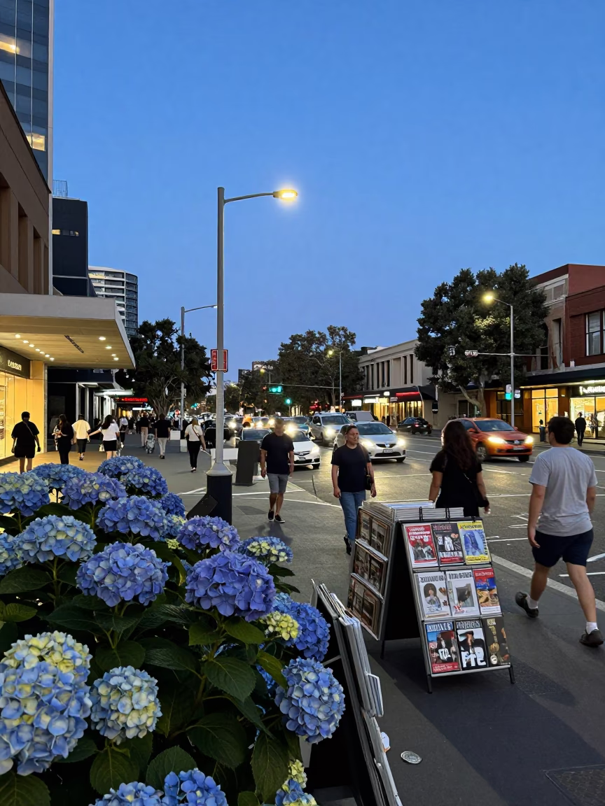 Busy Adelaide Street Scene at Blue Hour with Hydrangeas and Urban Life in in Adelaide, South Australia, Australia