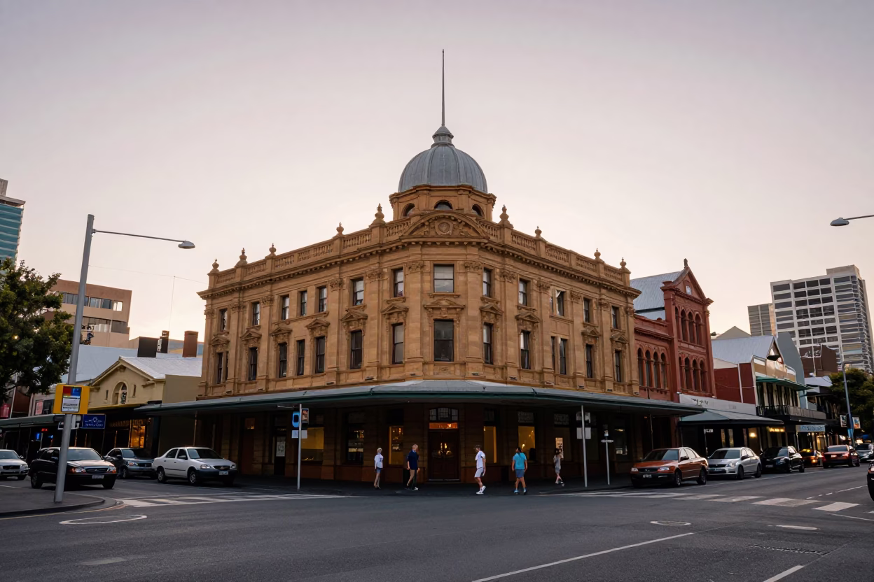 Busy Adelaide Street Scene at Dawn with Vintage 1960s Aesthetic and Local Life in in Adelaide, South Australia, Australia