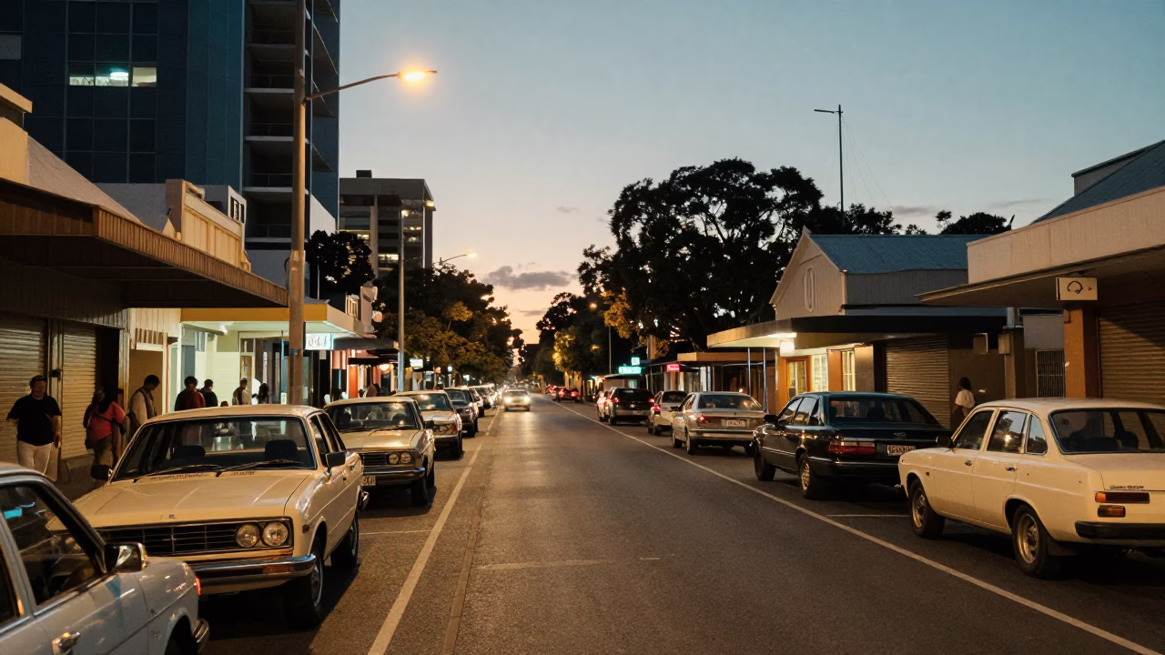 Busy Adelaide Street Scene at Dusk with Vintage 1970s Cars and City Lights in in Adelaide, South Australia, Australia