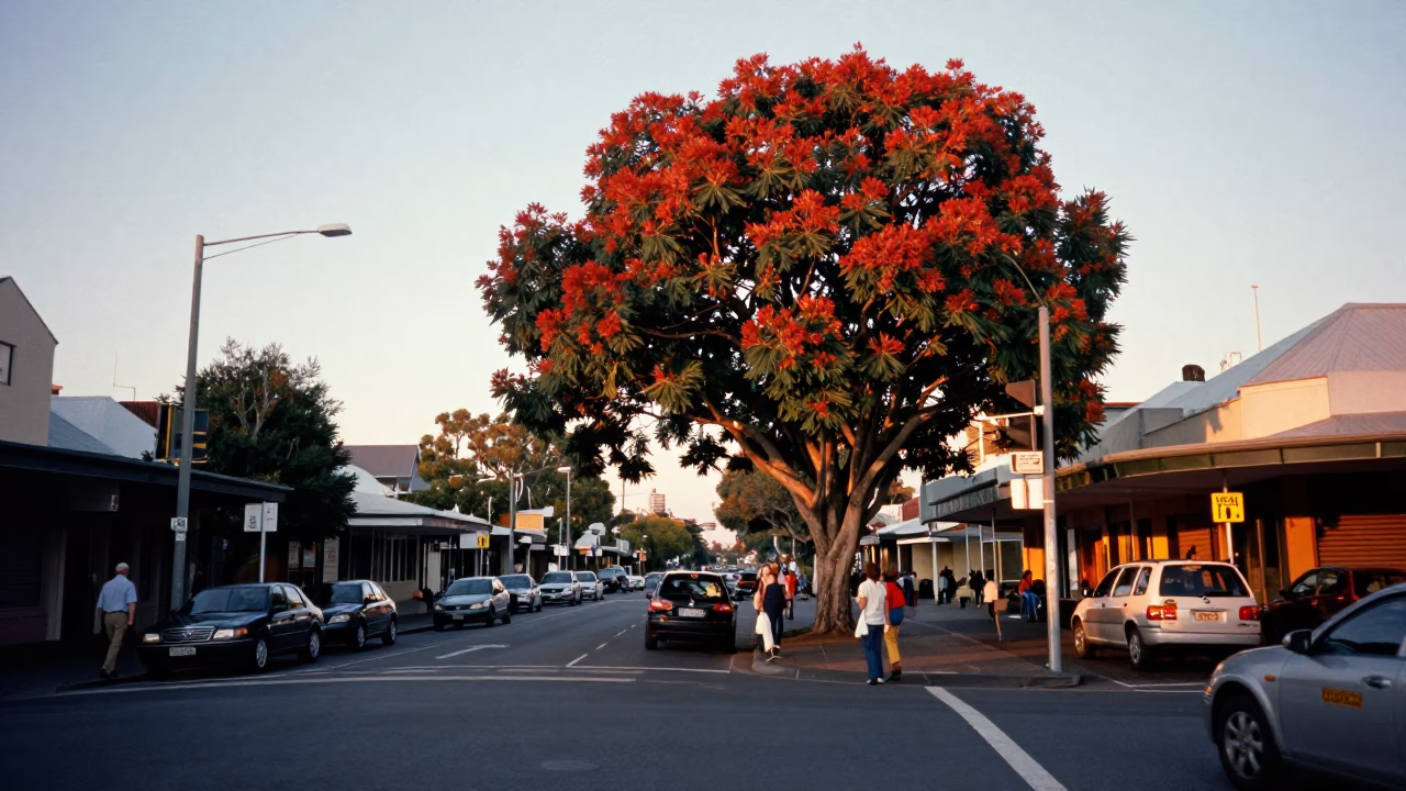 Busy Adelaide Street Scene at Nautical Dawn with Chestnut Tree Husks in in Adelaide, South Australia, Australia