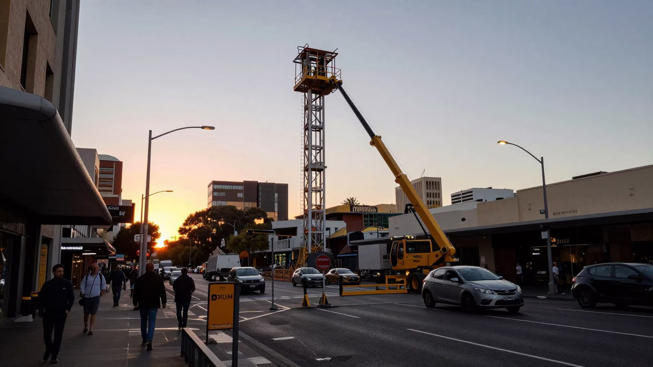 Busy Adelaide Street Scene at Sunset with Construction Elevator Gate and Sun Hats in in Adelaide, South Australia, Australia