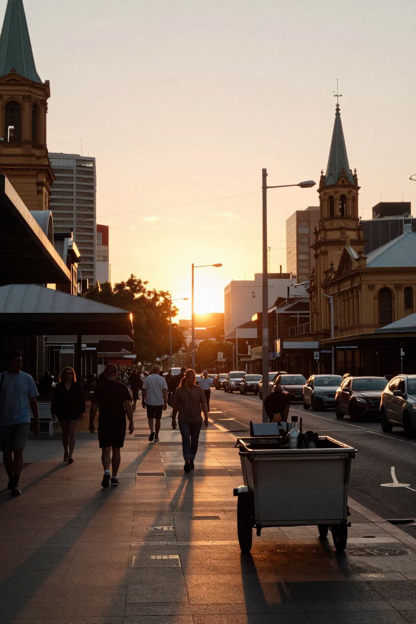 Busy Adelaide Street Scene at Sunset with Rolling Carts and Local Commerce in in Adelaide, South Australia, Australia